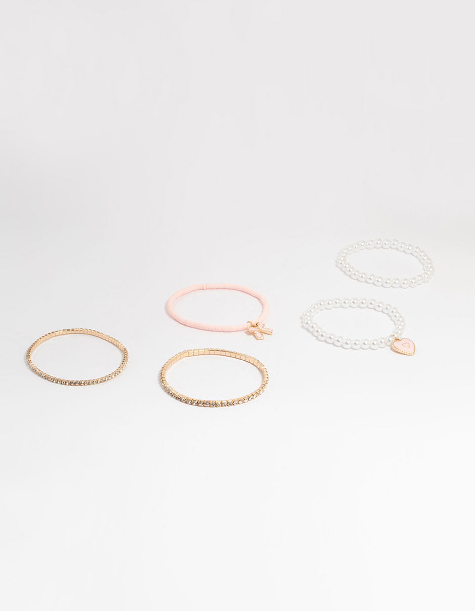 Gold Pearl & Bow Stretch Bracelets 5-Pack