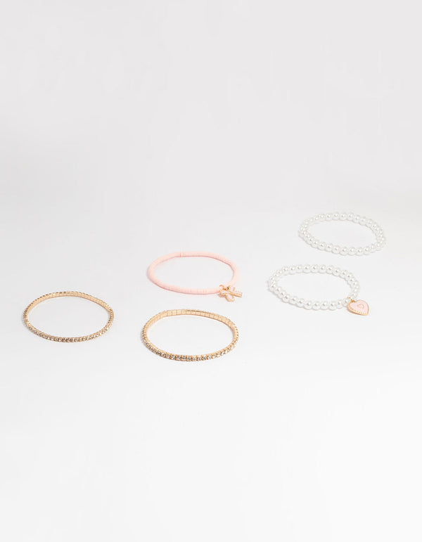 Gold Pearl & Bow Stretch Bracelets 5-Pack