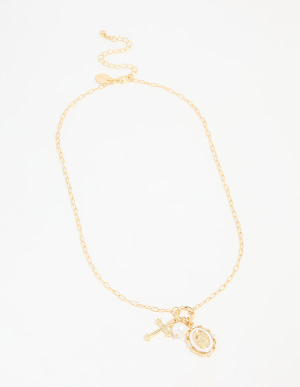 Gold Plated Pearl Cross Necklace
