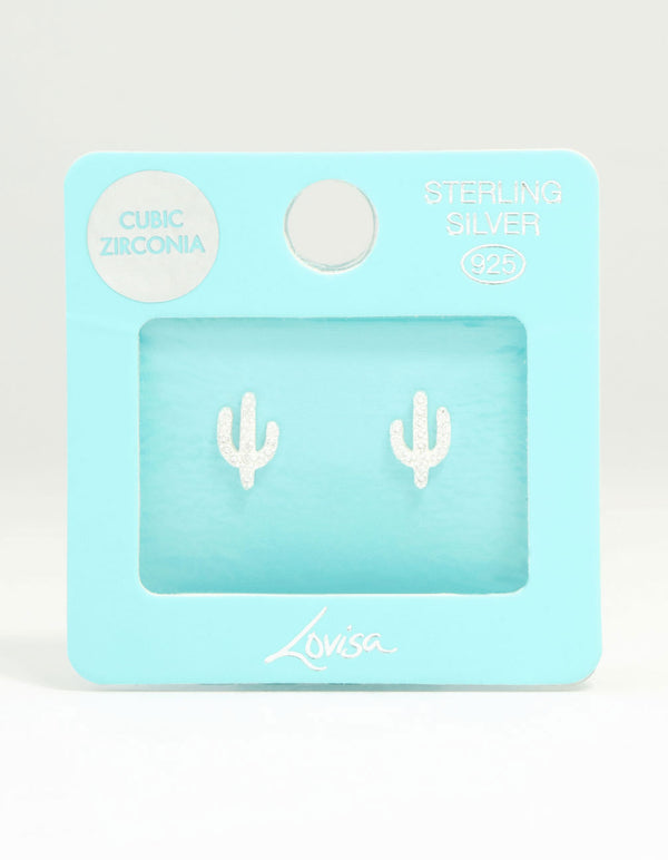 Sterling Silver Cubic Zirconia Pave Cactus Stud Earrings