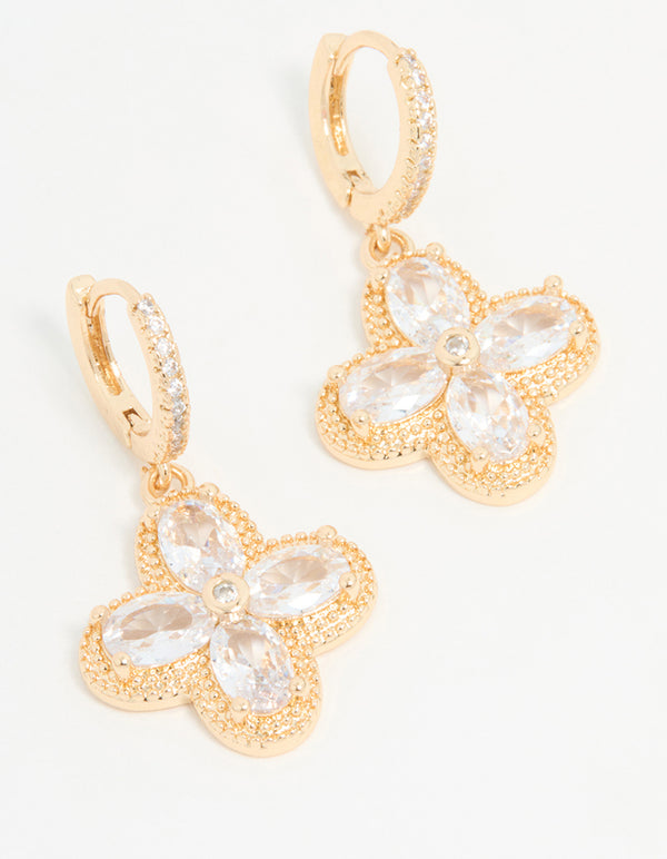 Gold Cubic Zirconia Flower Huggie Earrings