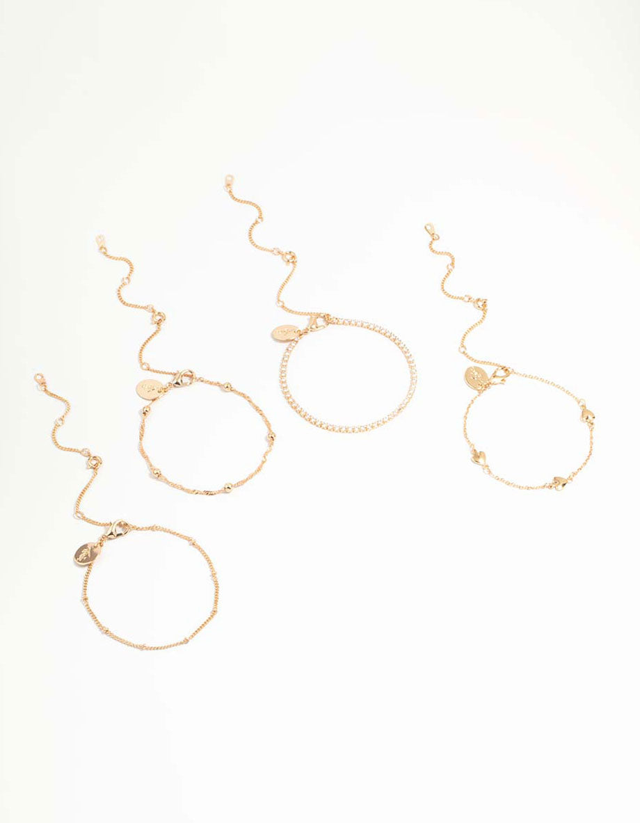 Gold Cubic Zirconia Heart Bracelet & Anklet 4-Pack