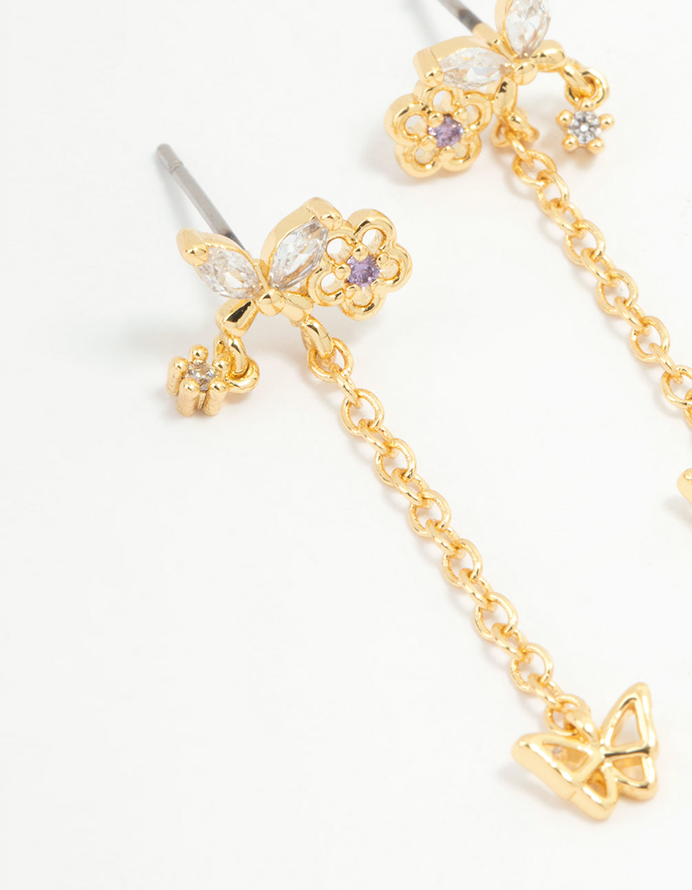 Gold Plated Butterfly Stud & Chain Drop Earrings
