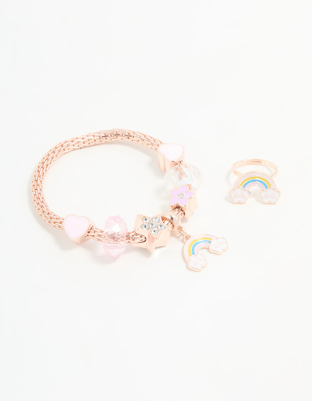 Kids Rose Gold Rainbow Stretch Bracelet & Ring Set