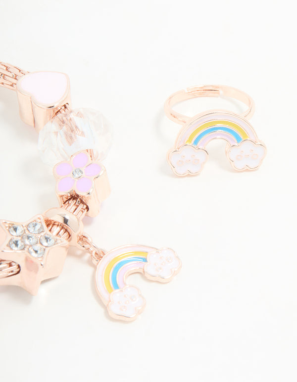 Kids Rose Gold Rainbow Stretch Bracelet & Ring Set