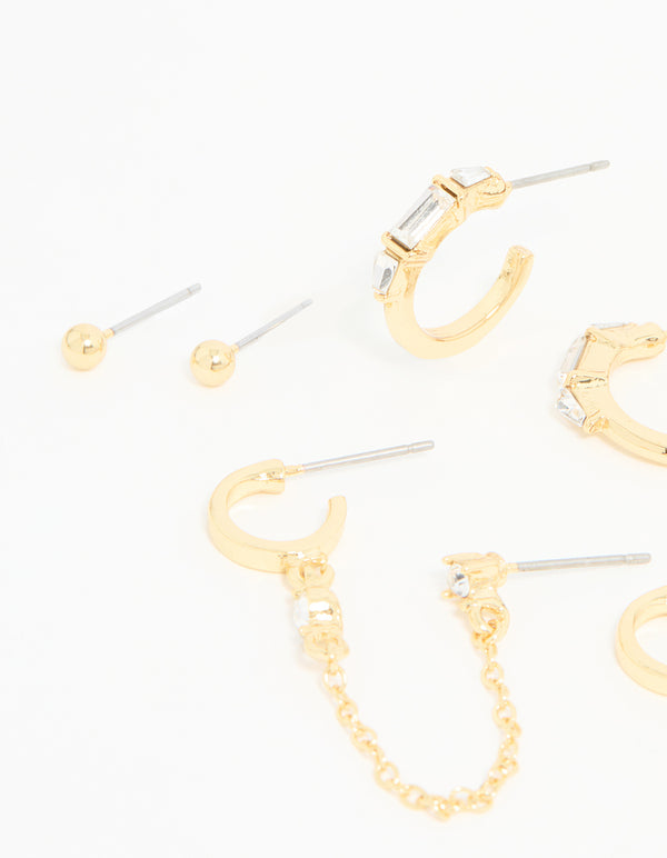 Gold Plated Diamante Hoop & Chain Drop Earrings 5-Pack