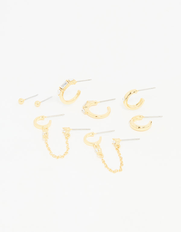 Gold Plated Diamante Hoop & Chain Drop Earrings 5-Pack