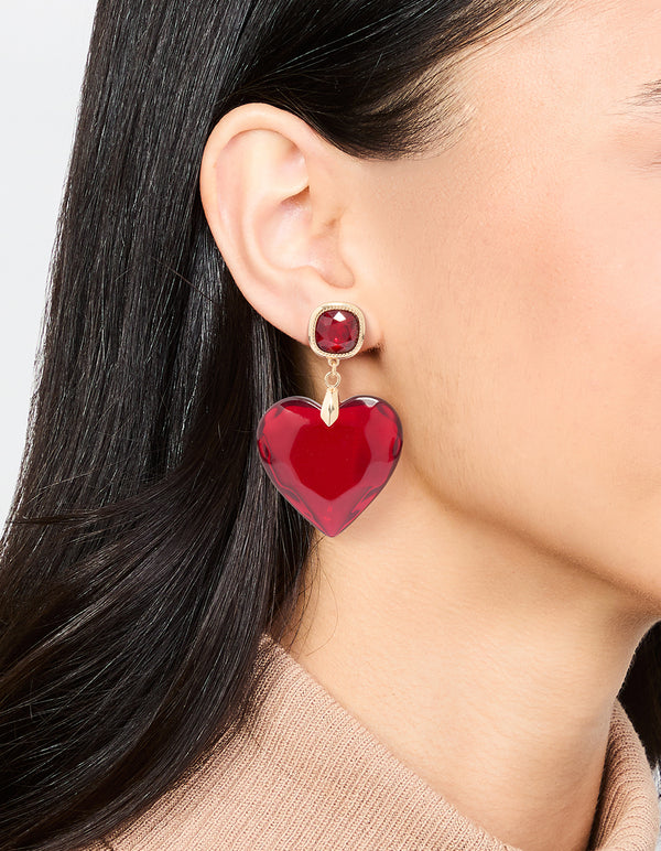Gold Red Acrylic Heart Drop Earrings