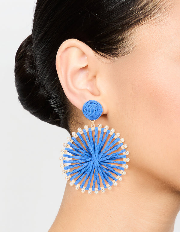 Blue Raffia Diamante Circle Drop Earrings