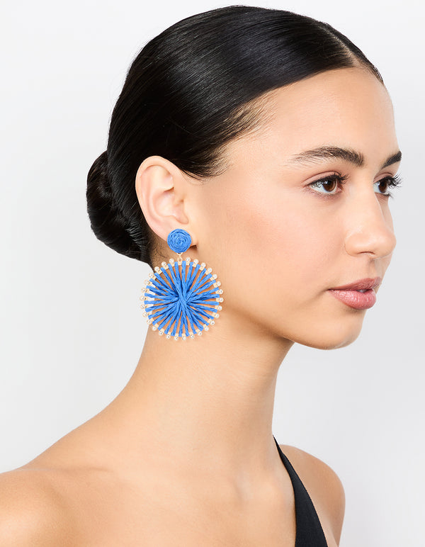 Blue Raffia Diamante Circle Drop Earrings