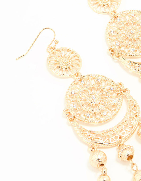 Gold Patterned Tassel Drop Earrings