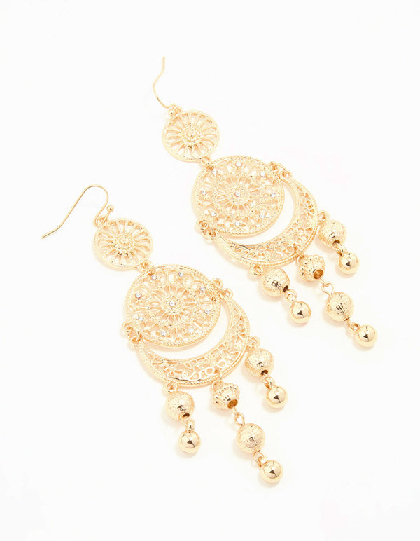 Gold Patterned Tassel Drop Earrings