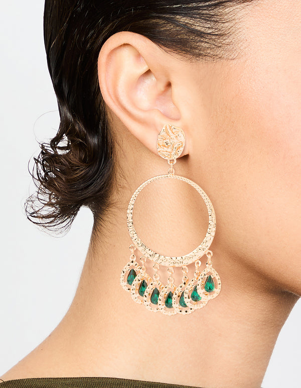 Gold Green Circle Drop Earrings