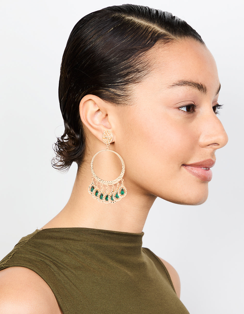 Gold Green Circle Drop Earrings