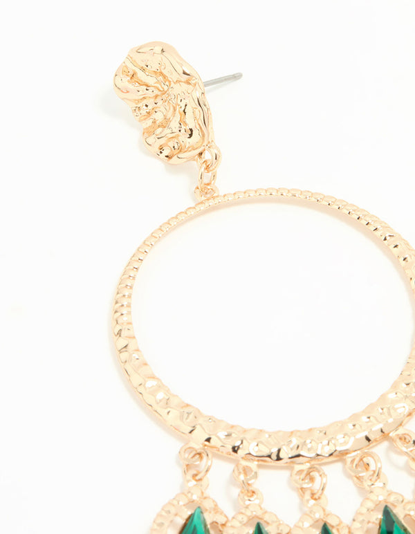 Gold Green Circle Drop Earrings