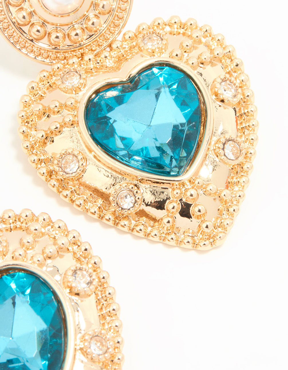 Gold Blue Stone Heart Drop Earrings