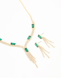 Gold Emerald Diamante Tassel Necklace & Earrings Set - link has visual effect only