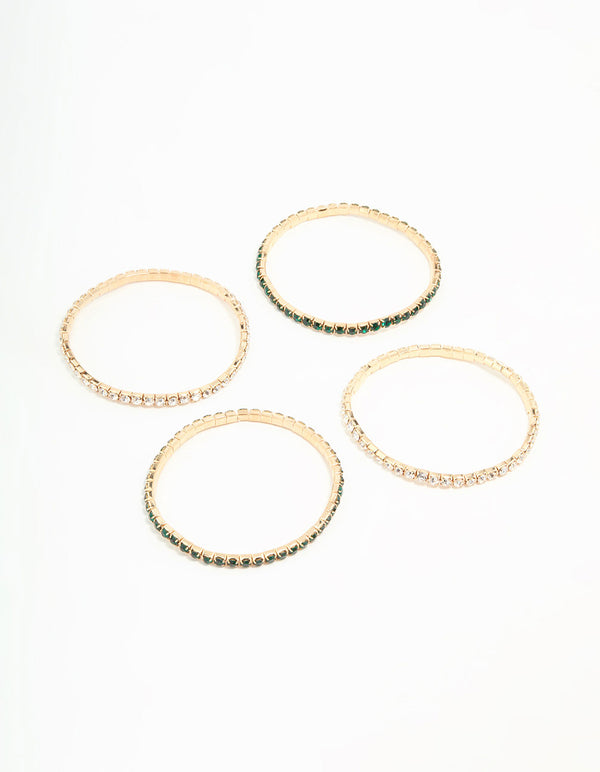 Gold Green Diamante Stretch Bangles 4-Pack