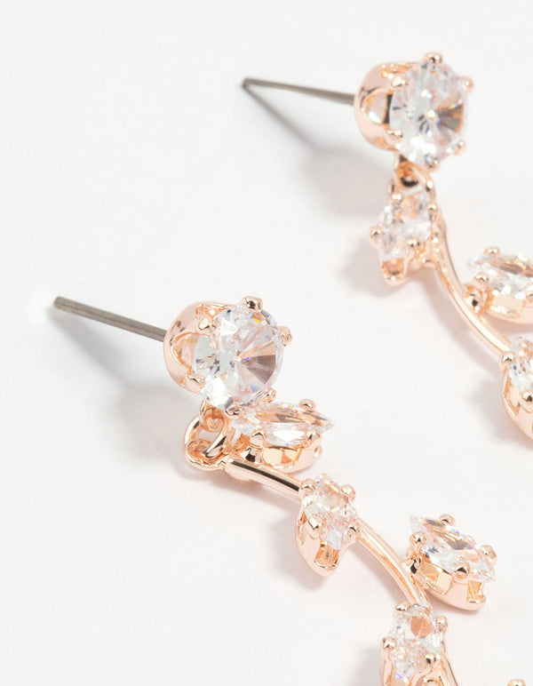 Rose Gold Diamante Leaf Dainty Drop Earrings