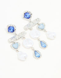 Silver Pearl Molten Blue Diamante Drop Earrings - link has visual effect only