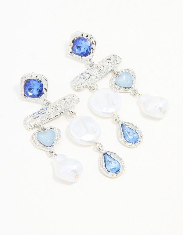 Silver Pearl Molten Blue Diamante Drop Earrings
