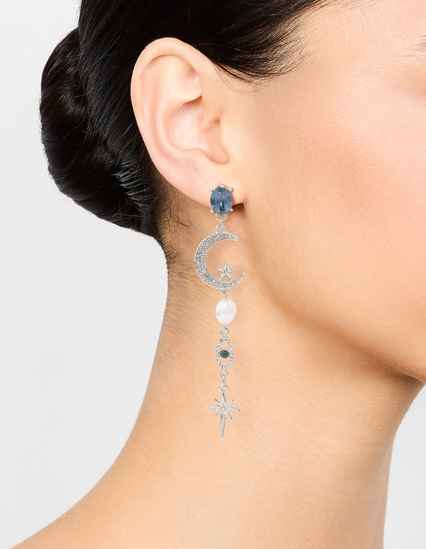 Silver Blue Diamante Celestial Drop Earrings