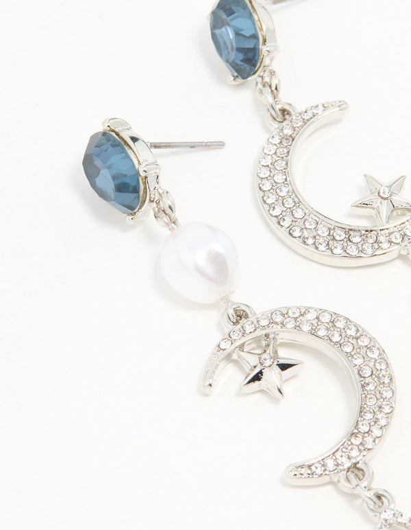 Silver Blue Diamante Celestial Drop Earrings