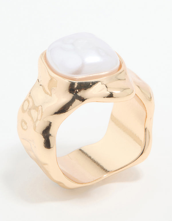 Gold Pearl Statement Molten Ring