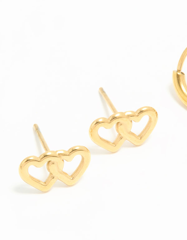 Waterproof Gold Plated Stainless Steel Heart Stud & Huggie Earrings 2-Pack