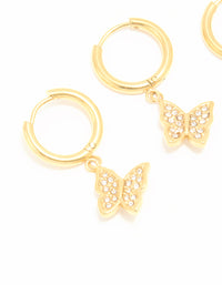 Waterproof Gold Plated Stainless Steel Diamante & Freshwater Pearl Butterfly Huggie Earrings 2-Pack - link has visual effect only
