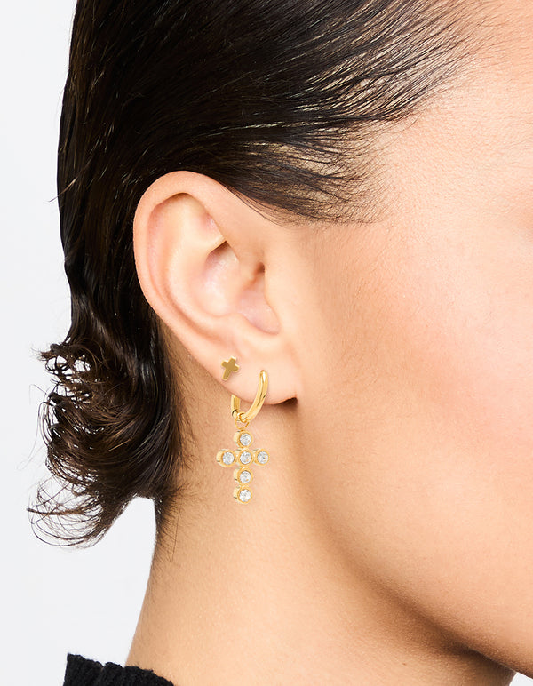 Waterproof Gold Plated Stainless Steel Diamante Cross Earrings 2-Pack
