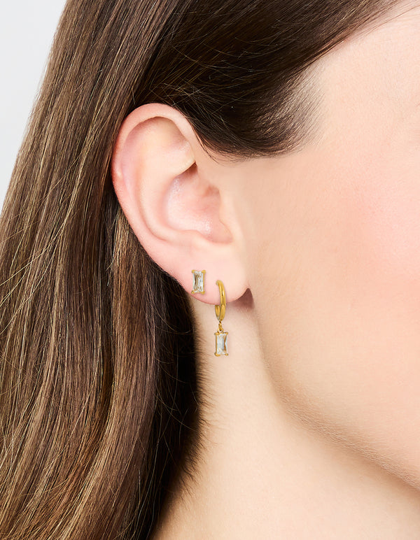 Waterproof Gold Plated Stainless Steel Cubic Zirconia Rectangle Stud & Hoop Earrings 2-Pack