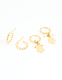 Waterproof Gold Plated Stainless Steel Hand & Bubble Huggie Earrings 2-Pack - link has visual effect only