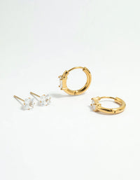 Waterproof Gold Plated Stainless Steel Cubic Zirconia Stud & Huggie Earrings 2-Pack - link has visual effect only