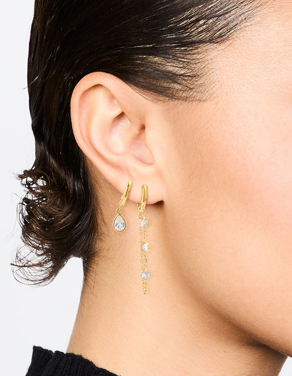 Waterproof Gold Plated Stainless Steel Cubic Zirconia Chain Droplet Earrings 2-Pack