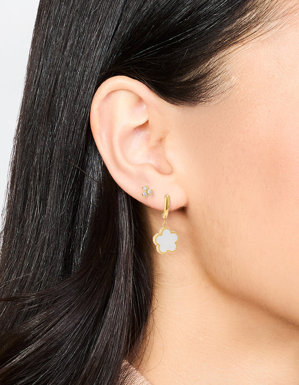 Waterproof Gold Plated Stainless Steel Cubic Zirconia Petal Earrings 2-Pack