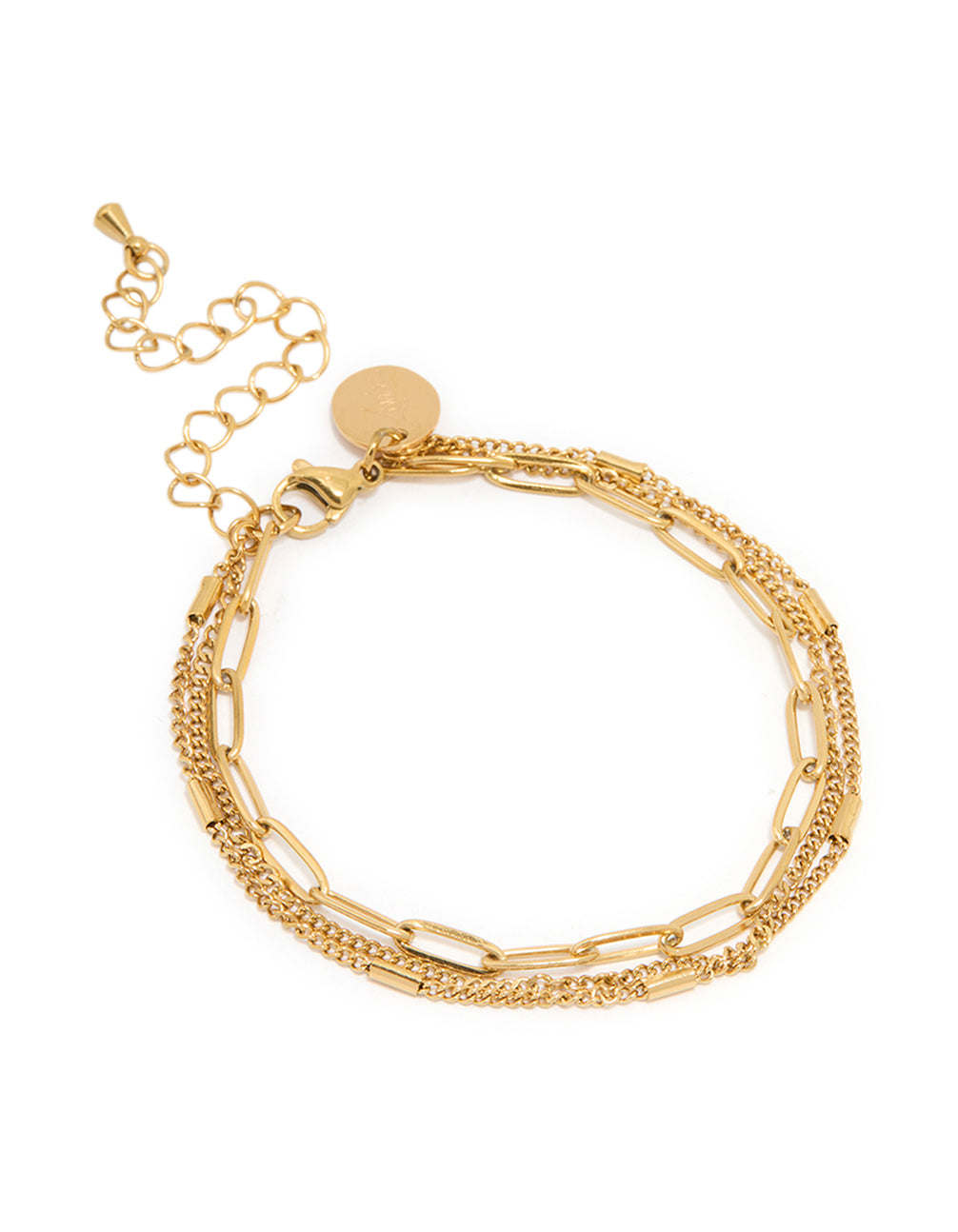 Showcasing a waterproof stainless steel layered chain bracelet in gold plated finish front view