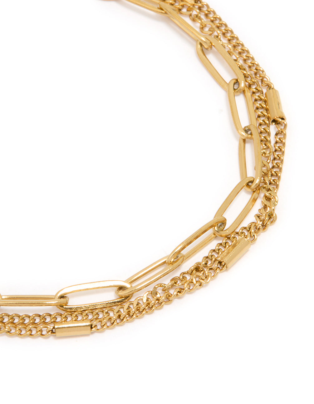 Featuring a waterproof stainless steel layered chain bracelet in gold plated finish close up view