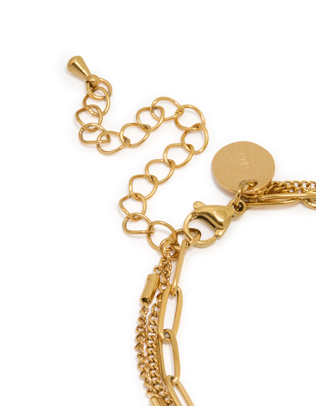 Designed with a waterproof stainless steel layered chain bracelet in gold plated finish closure detail view