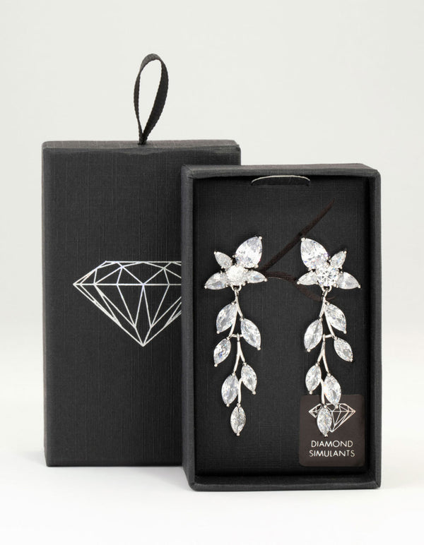 Silver Cubic Zirconia Leaf Flower Drop Earrings