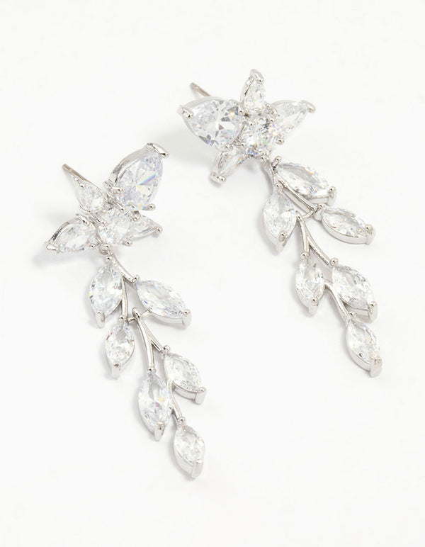 Silver Cubic Zirconia Leaf Flower Drop Earrings
