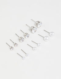 Silver Pearl & Cubic Zirconia Stud Earrings 6-Pack - link has visual effect only