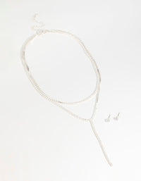 Silver Cubic Zirconia Layered Tennis Necklace & Stud Earrings Set - link has visual effect only