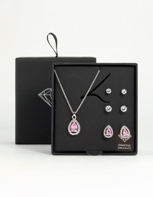 Silver Pink Cubic Zirconia Drop Necklace & Stud Earrings Set