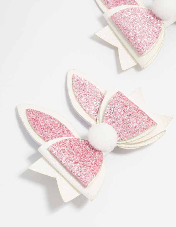 Kids Bunny Pom Pom Bow Fabric Hair Clips 2-Pack