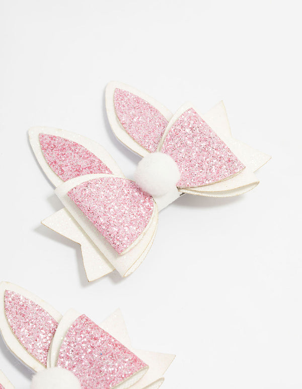 Kids Bunny Pom Pom Bow Fabric Hair Clips 2-Pack