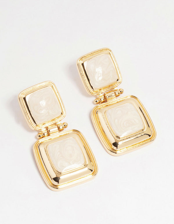 Gold Stone Square Hinge Drop Earrings