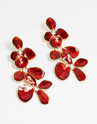 Gold Red Enamel Triple Flower Drop Earrings - link has visual effect only