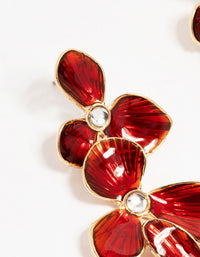 Gold Red Enamel Triple Flower Drop Earrings - link has visual effect only