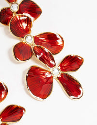 Gold Red Enamel Triple Flower Drop Earrings - link has visual effect only